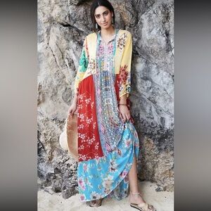 JOHNNY WAS Seido Maxi Slip Dress - V Neck Tie - Colorful - Embroidered - XS